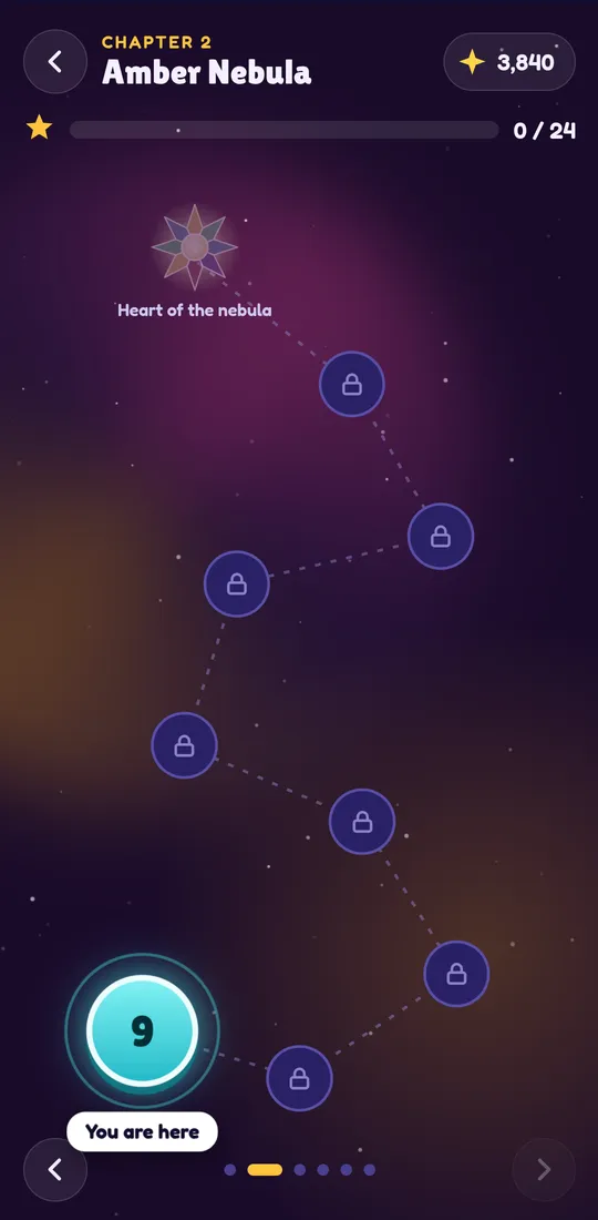 Zertyzzle screenshot: 120 levels across 12 nebulae