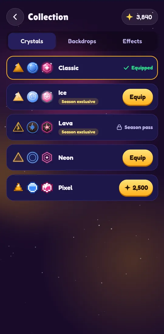Zertyzzle screenshot: Collect crystals, backgrounds and effects